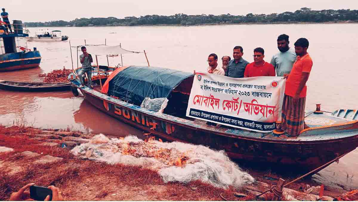 ঝালকাঠিতে মা ইলিশ সংরক্ষণ অভিযানে এ পর্যন্ত ১৫১ কেজি মাছ, ২লাখ ৯০ হাজার মিটার জাল জব্দ, আটক ৬