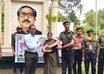 কাঠালিয়ায় আনসার ও ভিডিপি সদস্যদের মাঝে গাছের চারা বিতরণ
