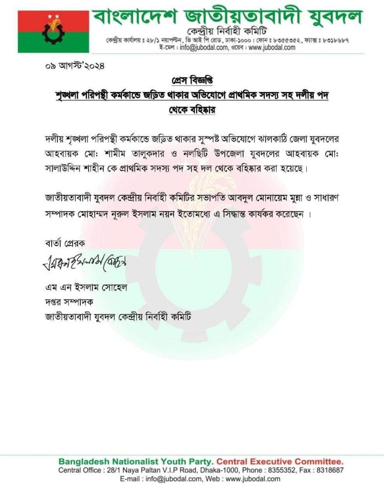 ঝালকাঠিতে দুই যুবদলের আহবায়ককে বহিষ্কার