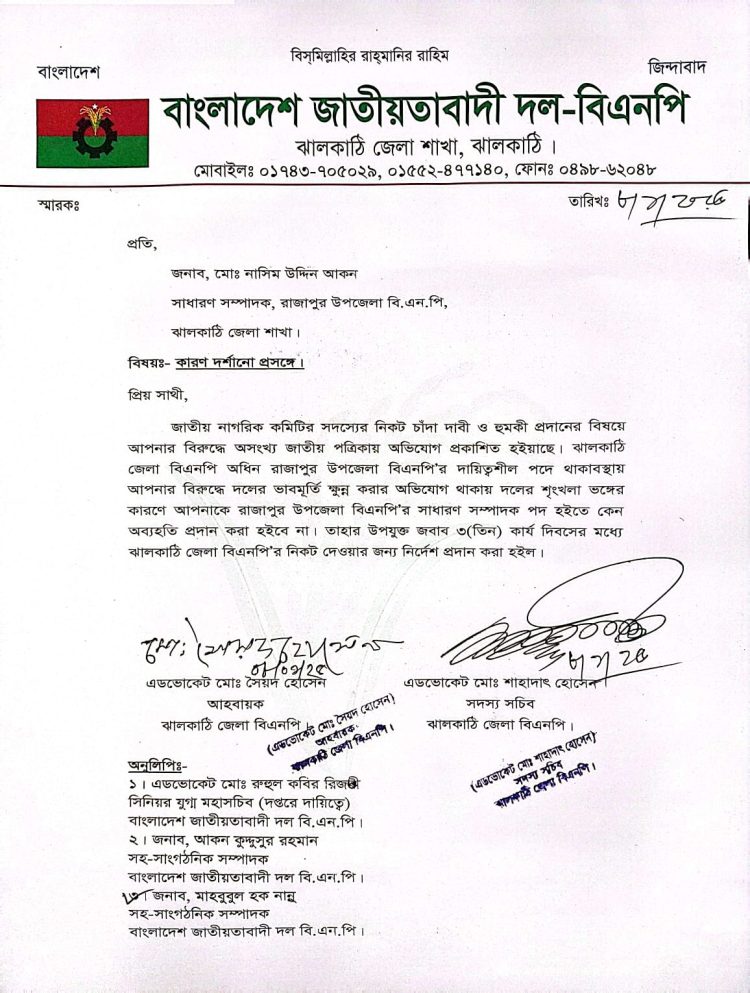রাজাপুর উপজেলা বিএনপির সম্পাদক নাসিম আকনকে চাঁদাবাজির অভিযোগে জেলা বিএনপির শোকজ