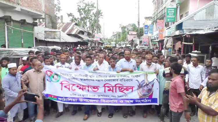কাঠালিয়ায় শেখ হাসিনার ফাঁসি ও আওয়ামী লীগের বিচারের দাবিতে বিএনপি’র বিক্ষোভ সমাবেশ