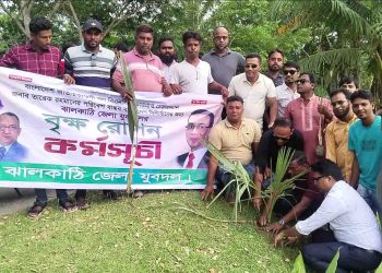 ঝালকাঠিতে তালগাছ কেটে বাবুই পাখি হত্যার স্থানে যুবদলের অর্ধশতাধিক তালের চারা রোপন